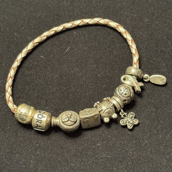 Vintage Pandora Light Pink Leather Cord Bracelet with Silver Charms - Picture 1 of 3